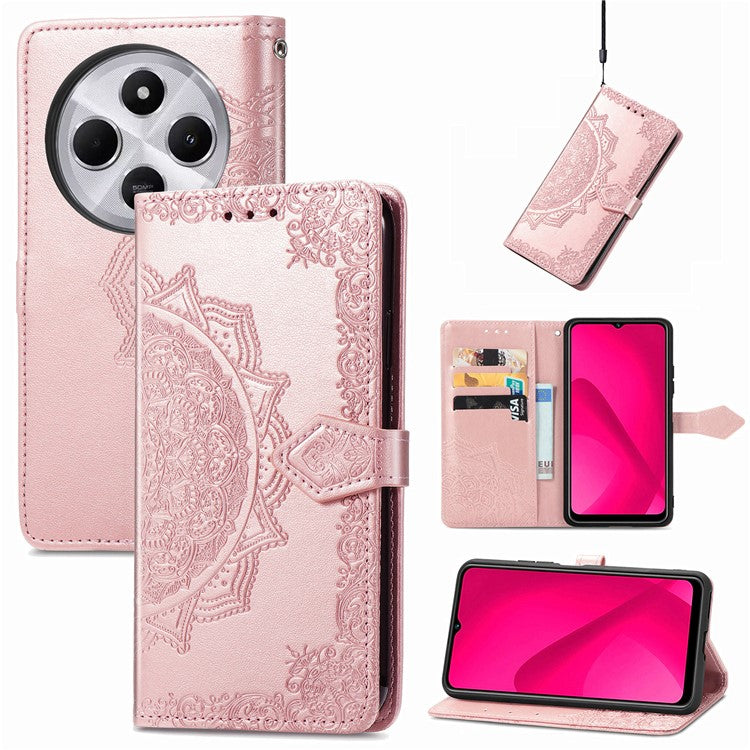 Wallet Phone Case For Xiaomi Redmi 14C 4G / 14R 5G / Poco C75 4G Mandala Flower Leather Phone Cover Stand View - Rose Gold