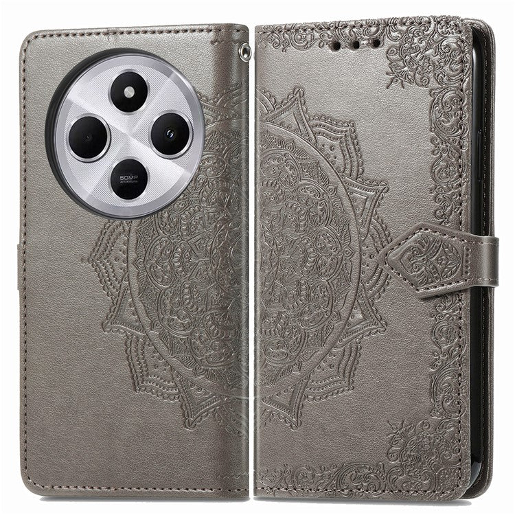 Wallet Phone Case For Xiaomi Redmi 14C 4G / 14R 5G / Poco C75 4G Mandala Flower Leather Phone Cover Stand View - Grey