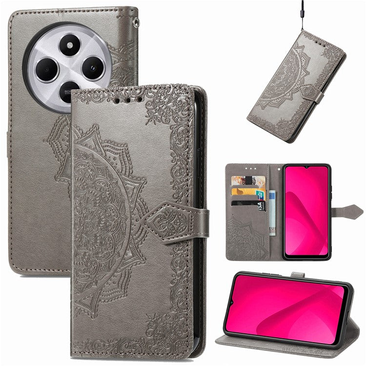 Wallet Phone Case For Xiaomi Redmi 14C 4G / 14R 5G / Poco C75 4G Mandala Flower Leather Phone Cover Stand View - Grey