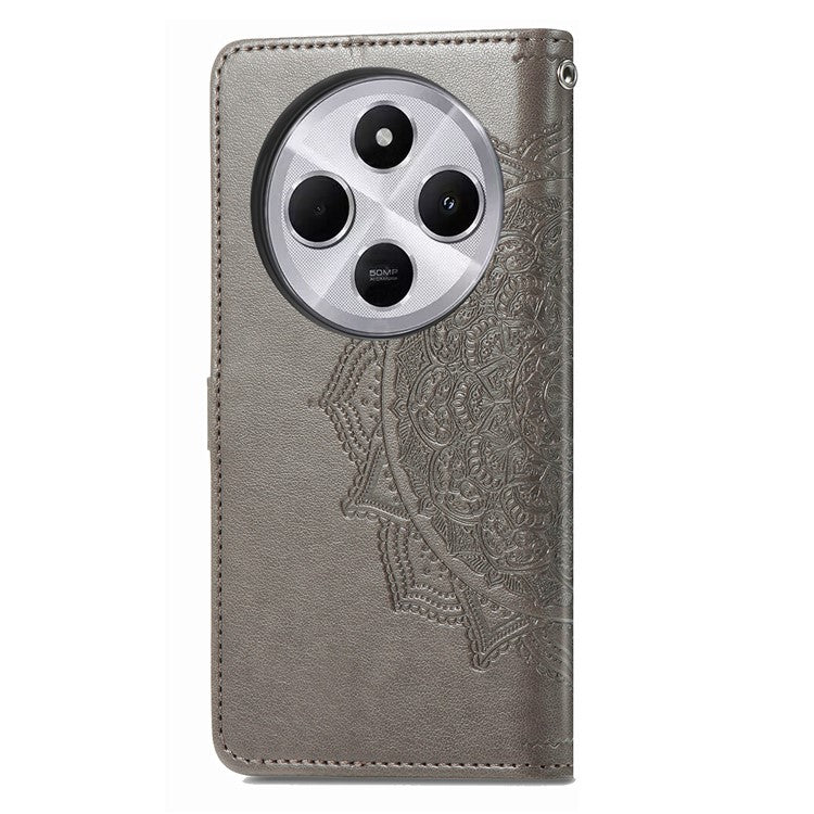 Wallet Phone Case For Xiaomi Redmi 14C 4G / 14R 5G / Poco C75 4G Mandala Flower Leather Phone Cover Stand View - Grey