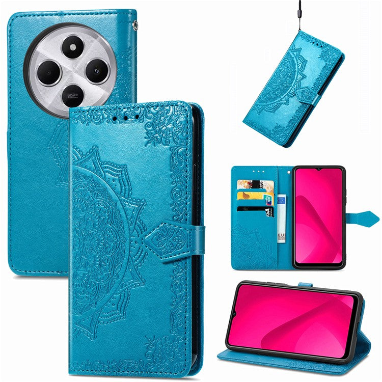 Wallet Phone Case For Xiaomi Redmi 14C 4G / 14R 5G / Poco C75 4G Mandala Flower Leather Phone Cover Stand View - Blue