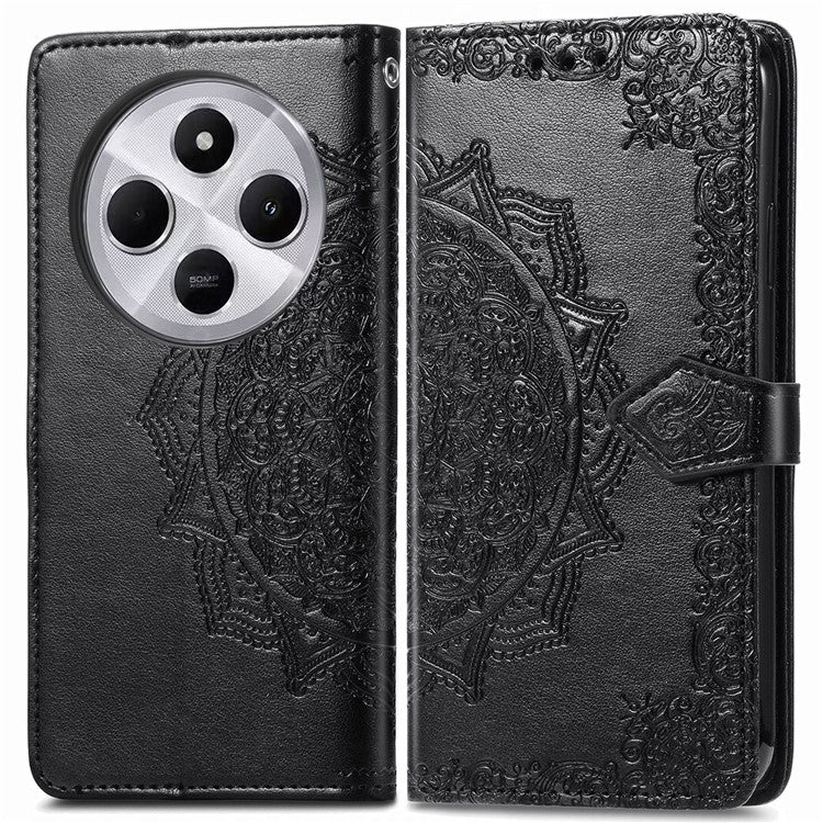 Wallet Phone Case For Xiaomi Redmi 14C 4G / 14R 5G / Poco C75 4G Mandala Flower Leather Phone Cover Stand View - Black