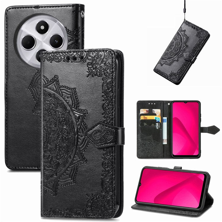 Wallet Phone Case For Xiaomi Redmi 14C 4G / 14R 5G / Poco C75 4G Mandala Flower Leather Phone Cover Stand View - Black