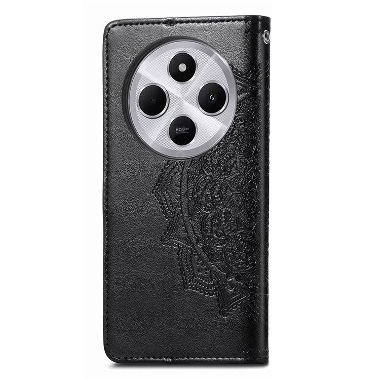 Wallet Phone Case For Xiaomi Redmi 14C 4G / 14R 5G / Poco C75 4G Mandala Flower Leather Phone Cover Stand View - Black