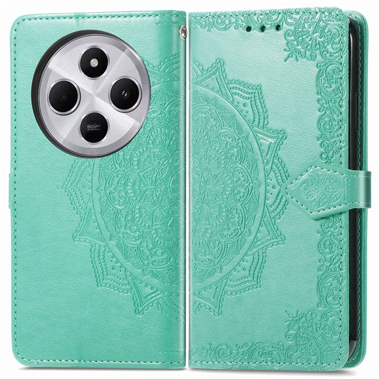 Wallet Phone Case For Xiaomi Redmi 14C 4G / 14R 5G / Poco C75 4G Mandala Flower Leather Phone Cover Stand View - Green