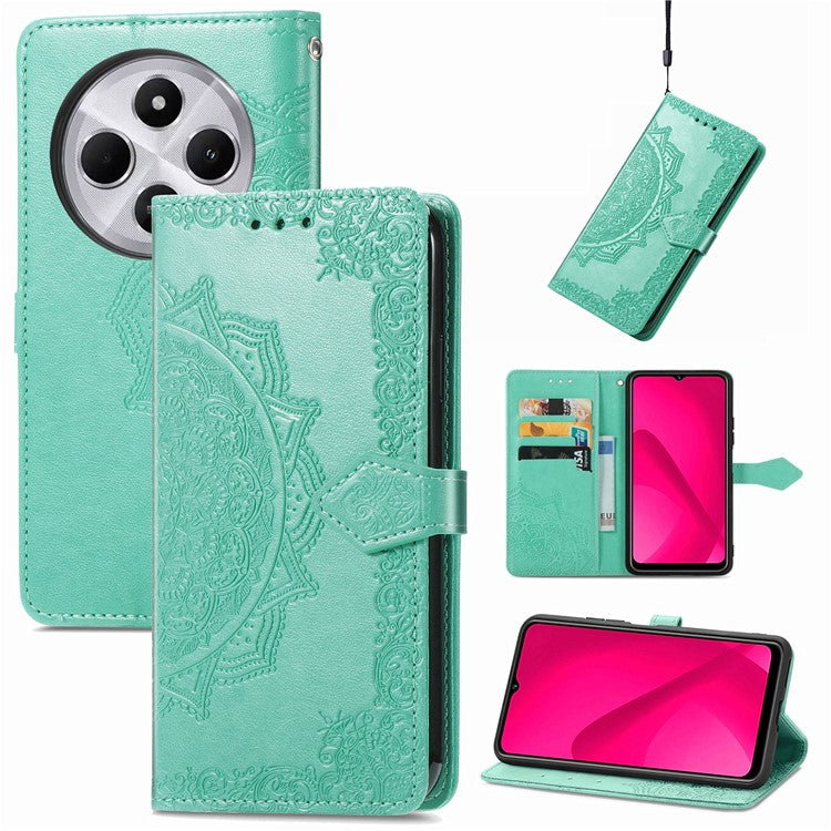 Wallet Phone Case For Xiaomi Redmi 14C 4G / 14R 5G / Poco C75 4G Mandala Flower Leather Phone Cover Stand View - Green