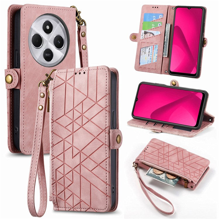 Zipper Phone Case For Xiaomi Redmi 14C 4G / 14R 5G / Poco C75 4G Wallet Geometry Lines Leather Phone Cover - Pink