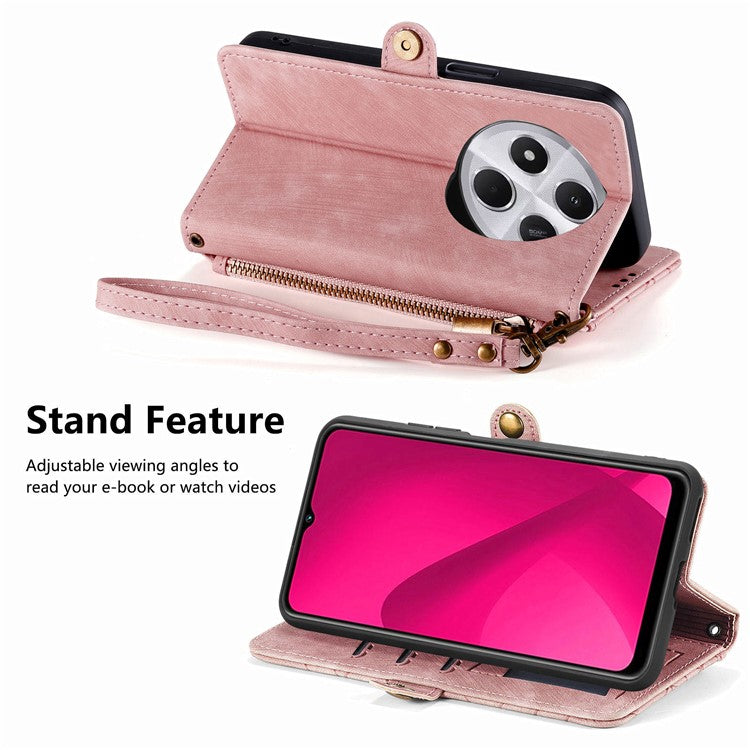 Zipper Phone Case For Xiaomi Redmi 14C 4G / 14R 5G / Poco C75 4G Wallet Geometry Lines Leather Phone Cover - Pink