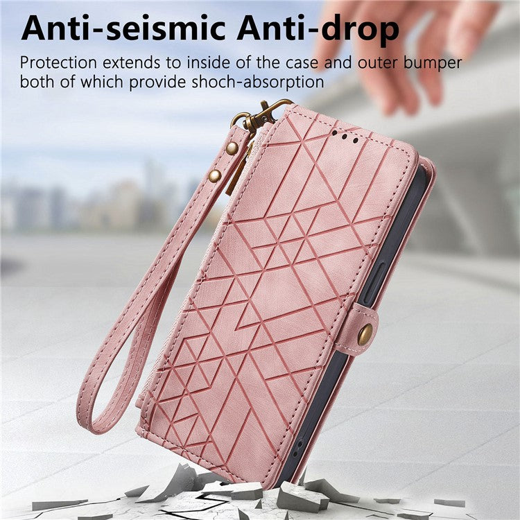 Zipper Phone Case For Xiaomi Redmi 14C 4G / 14R 5G / Poco C75 4G Wallet Geometry Lines Leather Phone Cover - Pink