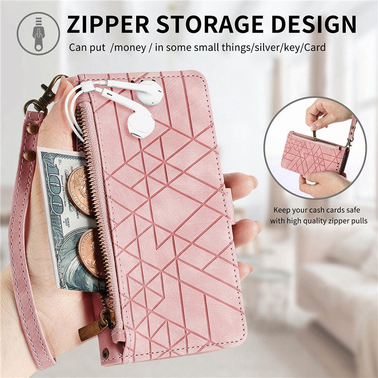 Zipper Phone Case For Xiaomi Redmi 14C 4G / 14R 5G / Poco C75 4G Wallet Geometry Lines Leather Phone Cover - Pink