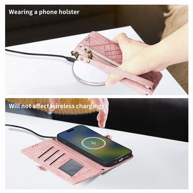 Zipper Phone Case For Xiaomi Redmi 14C 4G / 14R 5G / Poco C75 4G Wallet Geometry Lines Leather Phone Cover - Pink