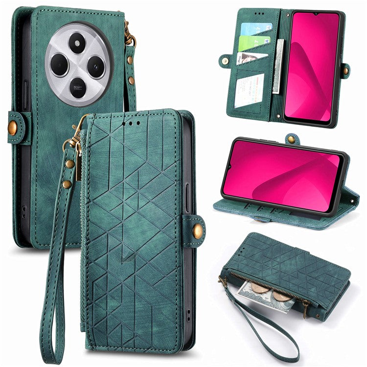 Zipper Phone Case For Xiaomi Redmi 14C 4G / 14R 5G / Poco C75 4G Wallet Geometry Lines Leather Phone Cover - Green