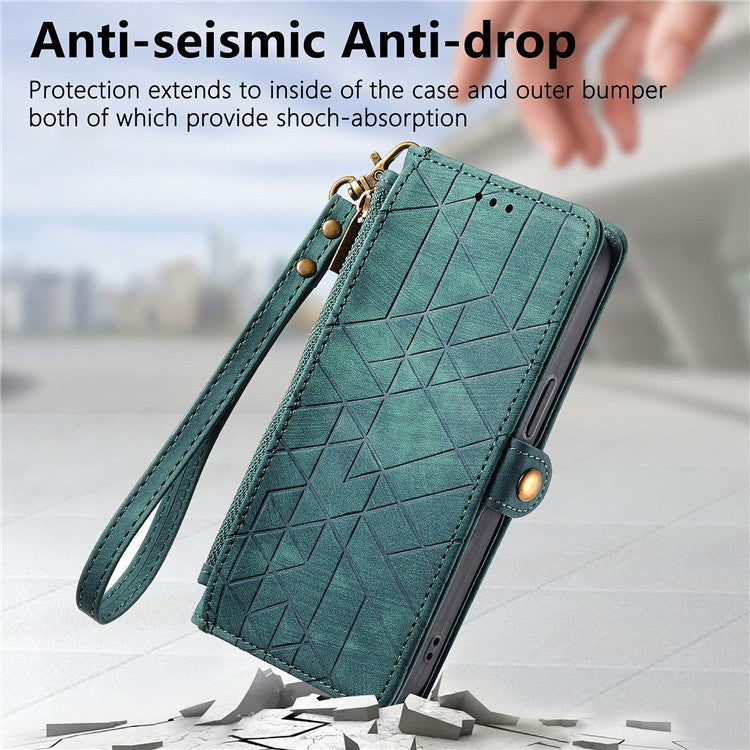 Zipper Phone Case For Xiaomi Redmi 14C 4G / 14R 5G / Poco C75 4G Wallet Geometry Lines Leather Phone Cover - Green