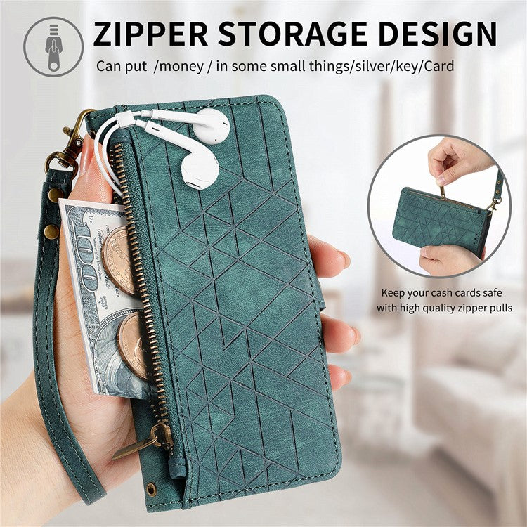 Zipper Phone Case For Xiaomi Redmi 14C 4G / 14R 5G / Poco C75 4G Wallet Geometry Lines Leather Phone Cover - Green