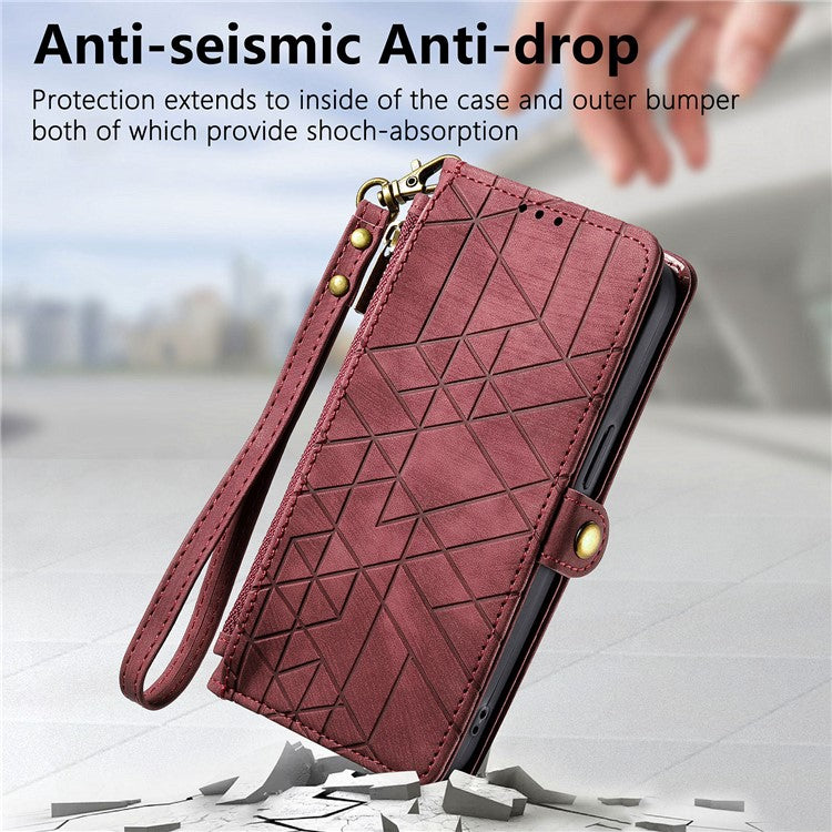 Zipper Phone Case For Xiaomi Redmi 14C 4G / 14R 5G / Poco C75 4G Wallet Geometry Lines Leather Phone Cover - Red