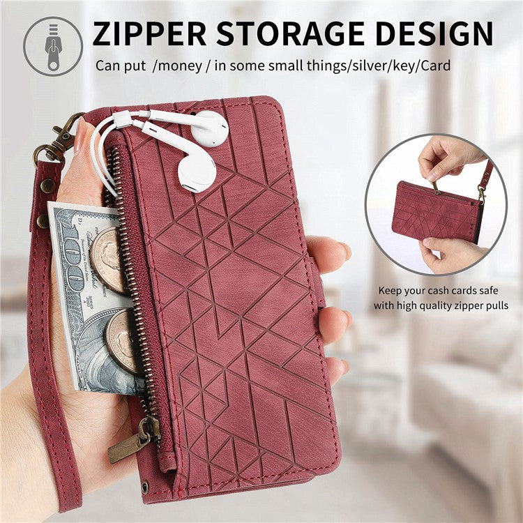 Zipper Phone Case For Xiaomi Redmi 14C 4G / 14R 5G / Poco C75 4G Wallet Geometry Lines Leather Phone Cover - Red