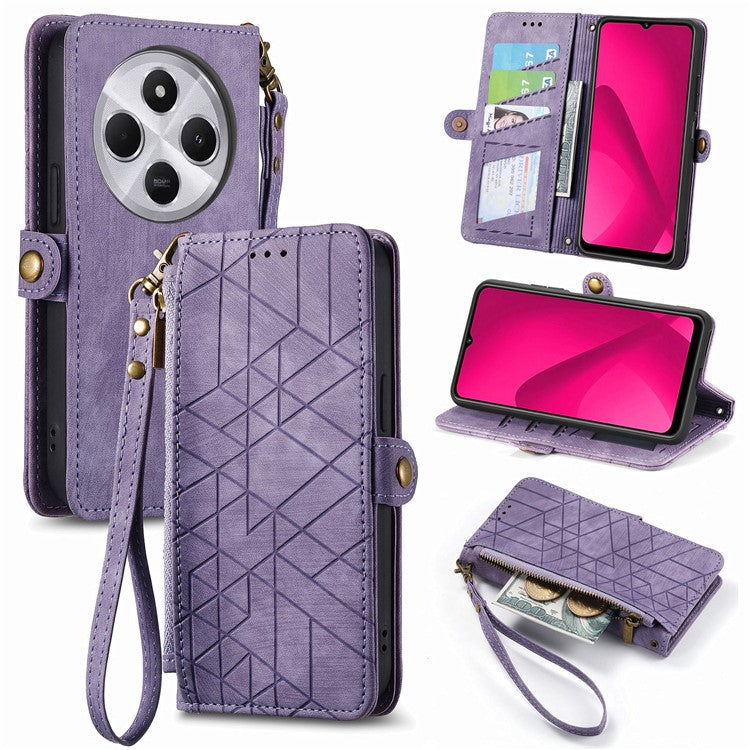 Zipper Phone Case For Xiaomi Redmi 14C 4G / 14R 5G / Poco C75 4G Wallet Geometry Lines Leather Phone Cover - Light Purple