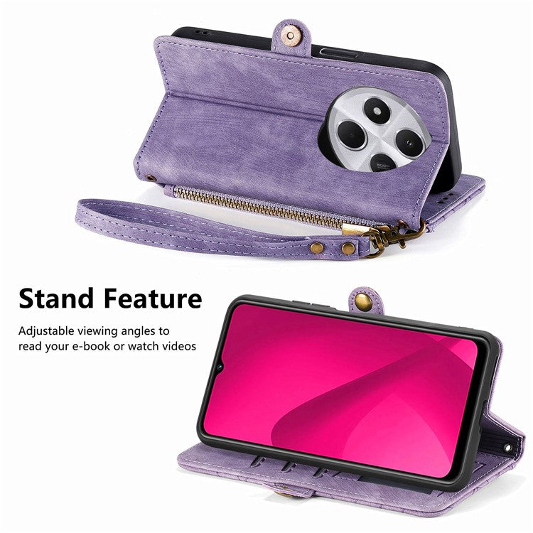 Zipper Phone Case For Xiaomi Redmi 14C 4G / 14R 5G / Poco C75 4G Wallet Geometry Lines Leather Phone Cover - Light Purple