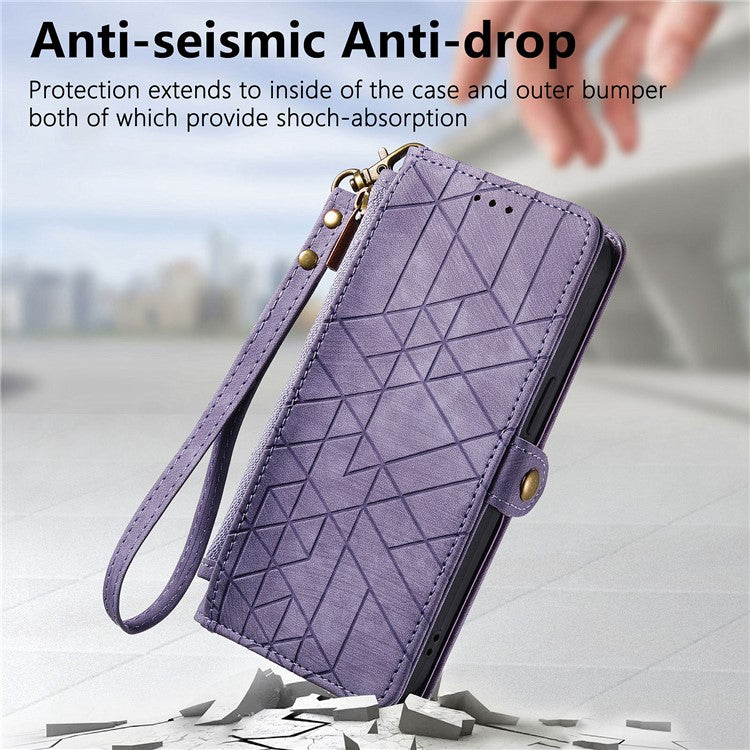 Zipper Phone Case For Xiaomi Redmi 14C 4G / 14R 5G / Poco C75 4G Wallet Geometry Lines Leather Phone Cover - Light Purple