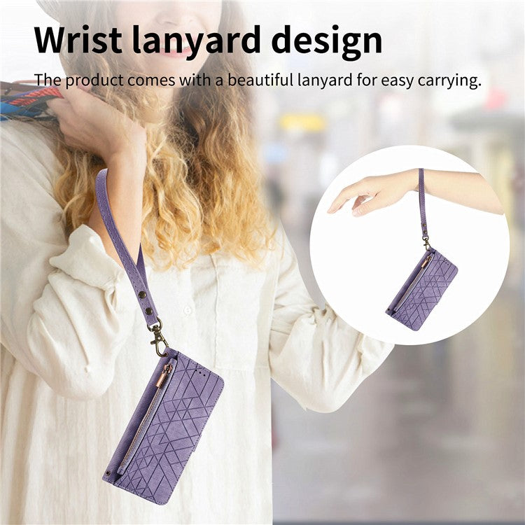 Zipper Phone Case For Xiaomi Redmi 14C 4G / 14R 5G / Poco C75 4G Wallet Geometry Lines Leather Phone Cover - Light Purple