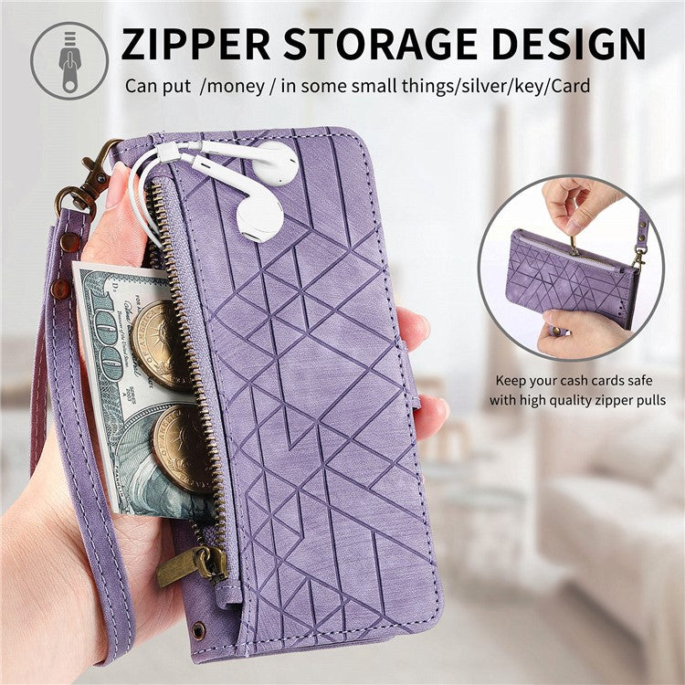 Zipper Phone Case For Xiaomi Redmi 14C 4G / 14R 5G / Poco C75 4G Wallet Geometry Lines Leather Phone Cover - Light Purple