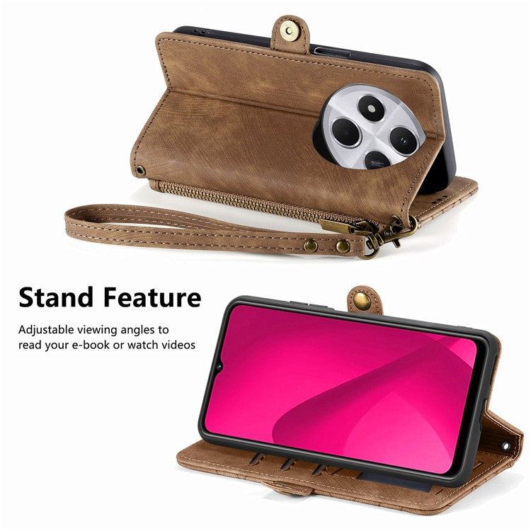 Zipper Phone Case For Xiaomi Redmi 14C 4G / 14R 5G / Poco C75 4G Wallet Geometry Lines Leather Phone Cover - Brown