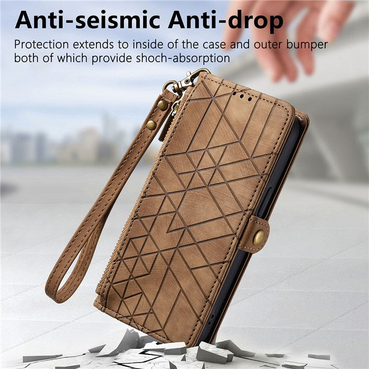 Zipper Phone Case For Xiaomi Redmi 14C 4G / 14R 5G / Poco C75 4G Wallet Geometry Lines Leather Phone Cover - Brown