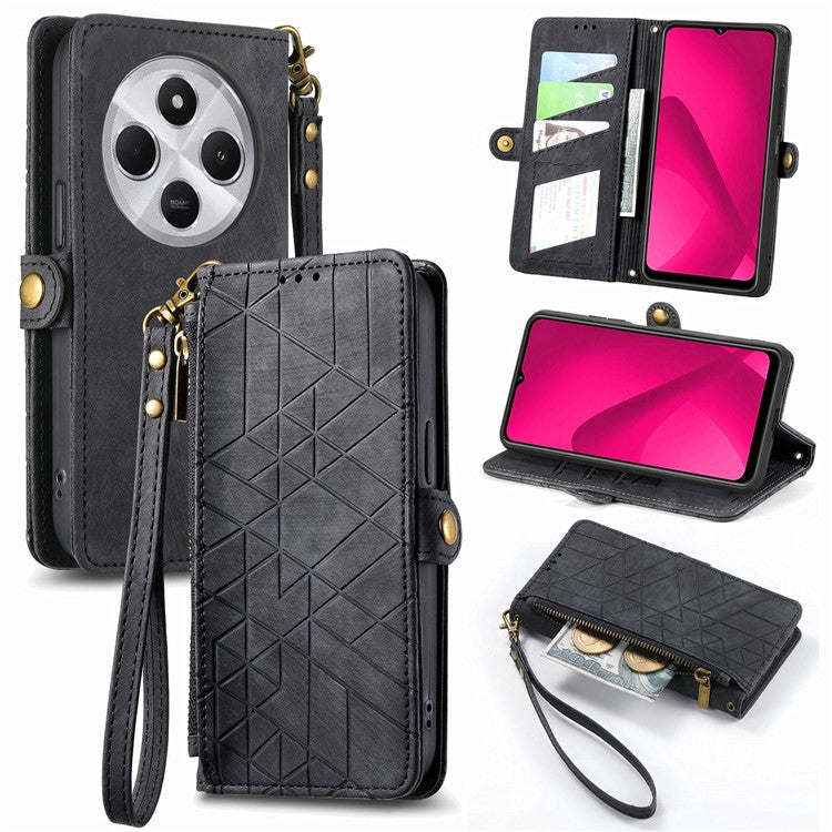 Zipper Phone Case For Xiaomi Redmi 14C 4G / 14R 5G / Poco C75 4G Wallet Geometry Lines Leather Phone Cover - Black