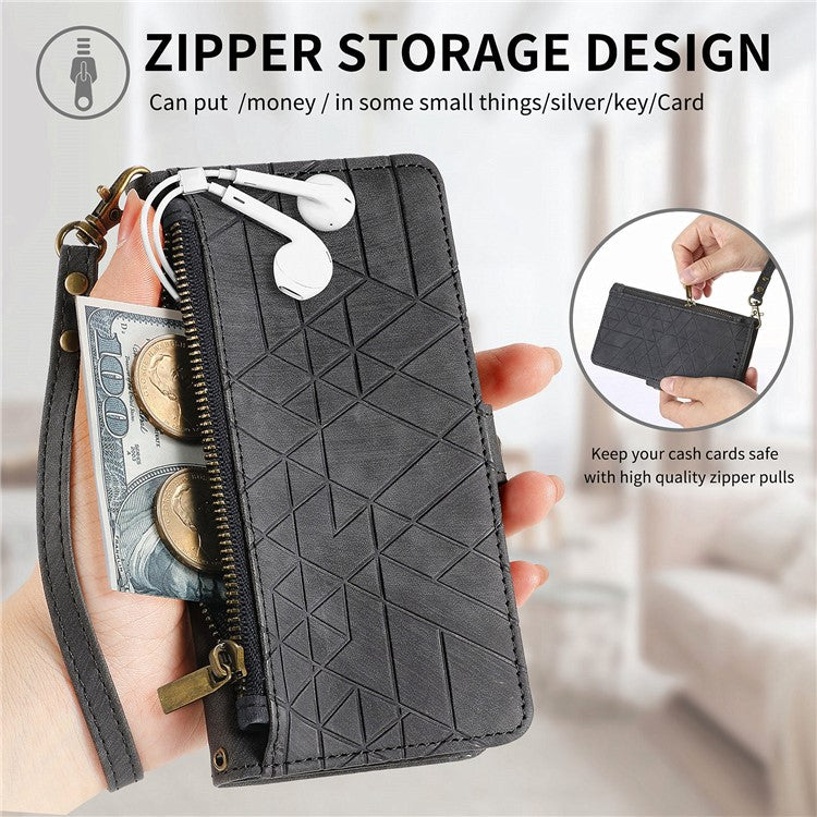 Zipper Phone Case For Xiaomi Redmi 14C 4G / 14R 5G / Poco C75 4G Wallet Geometry Lines Leather Phone Cover - Black