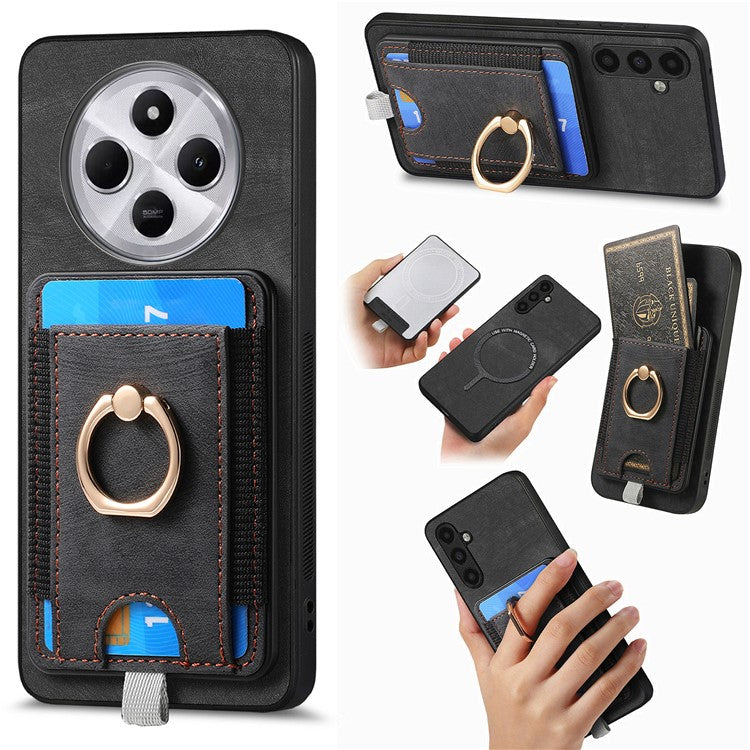 Magnetic Phone Case For Xiaomi Redmi 14C 4G / 14R 5G / Poco C75 4G PU Leather Back Cover with Card Holder Ring Kickstand - Black