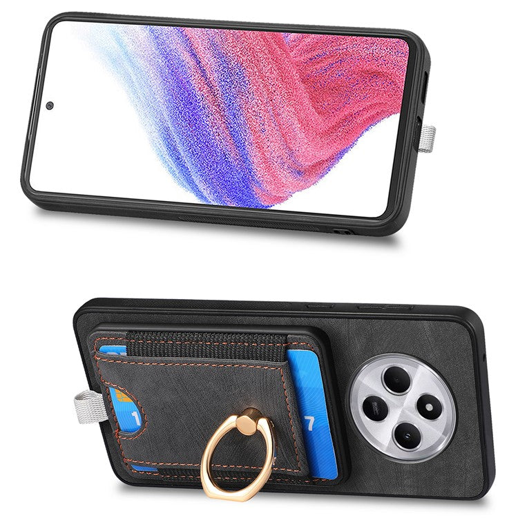 Magnetic Phone Case For Xiaomi Redmi 14C 4G / 14R 5G / Poco C75 4G PU Leather Back Cover with Card Holder Ring Kickstand - Black