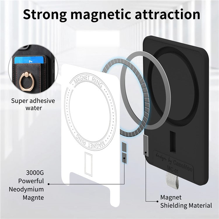 Magnetic Phone Case For Xiaomi Redmi 14C 4G / 14R 5G / Poco C75 4G PU Leather Back Cover with Card Holder Ring Kickstand - Black