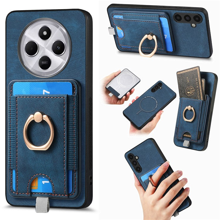 Magnetic Phone Case For Xiaomi Redmi 14C 4G / 14R 5G / Poco C75 4G PU Leather Back Cover with Card Holder Ring Kickstand - Blue