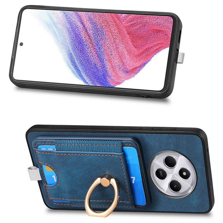 Magnetic Phone Case For Xiaomi Redmi 14C 4G / 14R 5G / Poco C75 4G PU Leather Back Cover with Card Holder Ring Kickstand - Blue