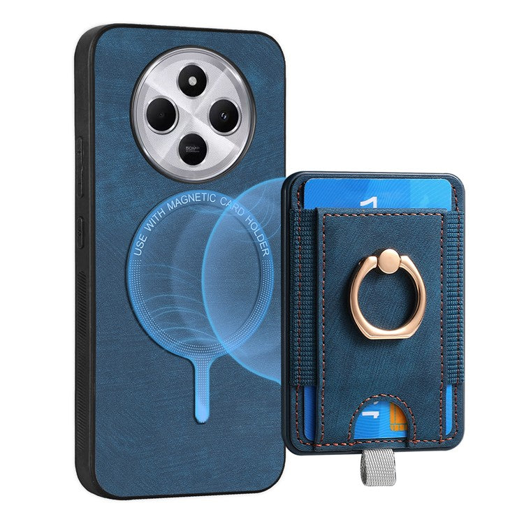 Magnetic Phone Case For Xiaomi Redmi 14C 4G / 14R 5G / Poco C75 4G PU Leather Back Cover with Card Holder Ring Kickstand - Blue