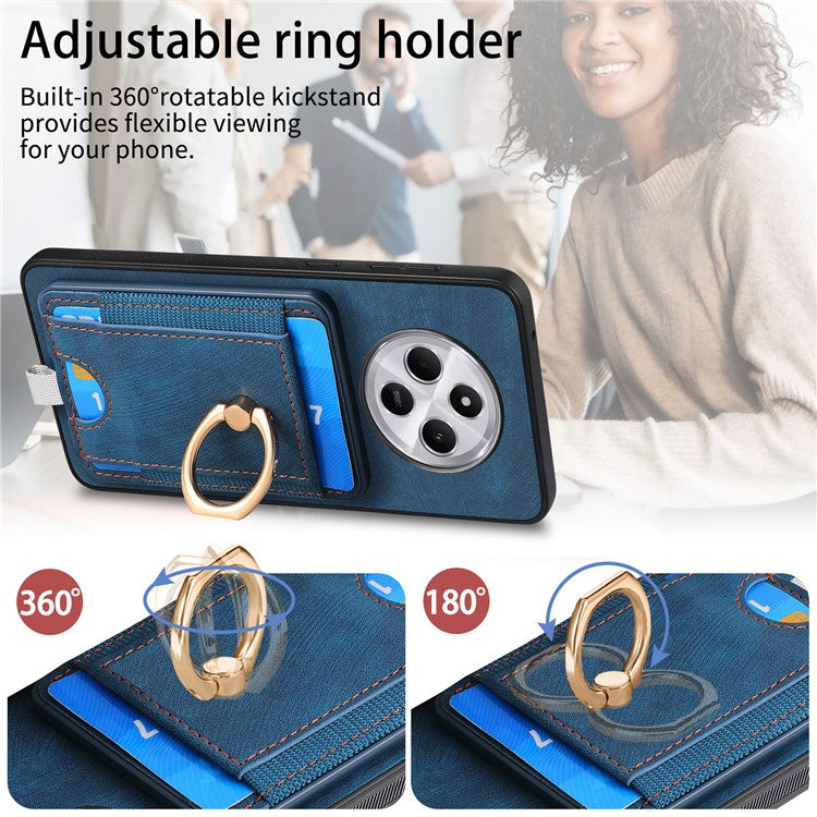 Magnetic Phone Case For Xiaomi Redmi 14C 4G / 14R 5G / Poco C75 4G PU Leather Back Cover with Card Holder Ring Kickstand - Blue