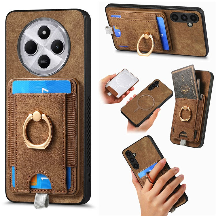 Magnetic Phone Case For Xiaomi Redmi 14C 4G / 14R 5G / Poco C75 4G PU Leather Back Cover with Card Holder Ring Kickstand - Brown