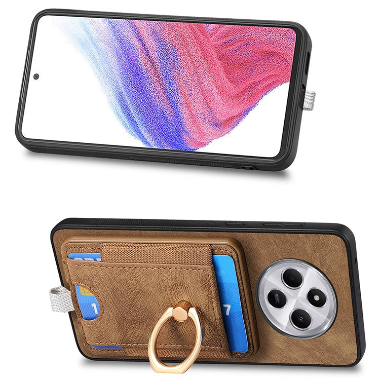 Magnetic Phone Case For Xiaomi Redmi 14C 4G / 14R 5G / Poco C75 4G PU Leather Back Cover with Card Holder Ring Kickstand - Brown