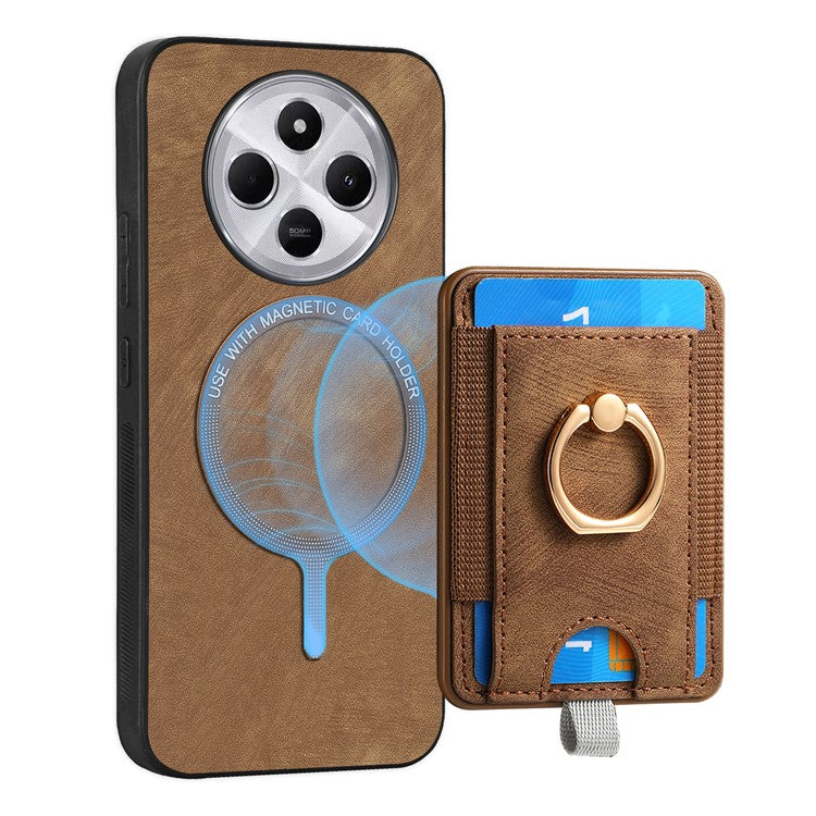 Magnetic Phone Case For Xiaomi Redmi 14C 4G / 14R 5G / Poco C75 4G PU Leather Back Cover with Card Holder Ring Kickstand - Brown