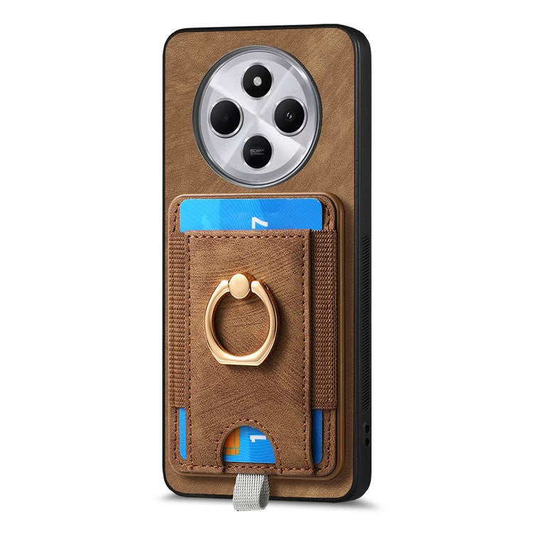 Magnetic Phone Case For Xiaomi Redmi 14C 4G / 14R 5G / Poco C75 4G PU Leather Back Cover with Card Holder Ring Kickstand - Brown