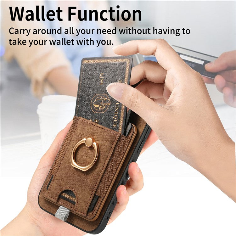 Magnetic Phone Case For Xiaomi Redmi 14C 4G / 14R 5G / Poco C75 4G PU Leather Back Cover with Card Holder Ring Kickstand - Brown