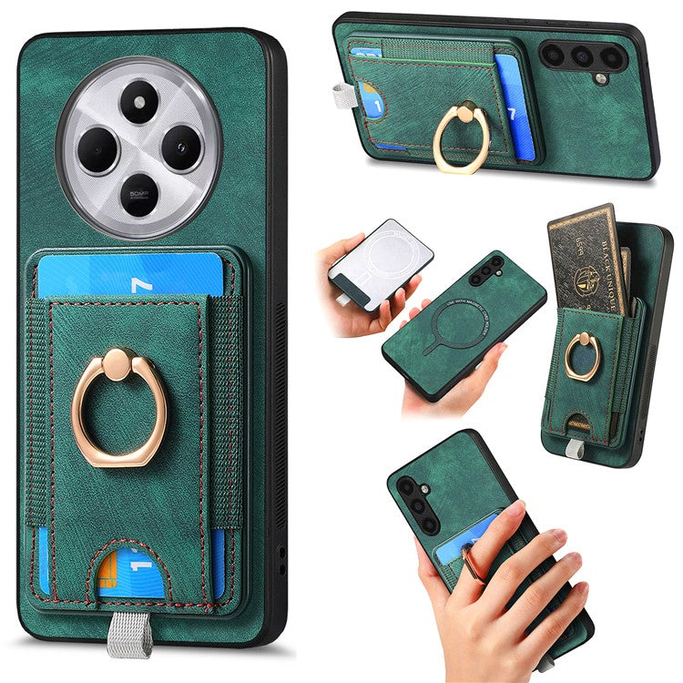 Magnetic Phone Case For Xiaomi Redmi 14C 4G / 14R 5G / Poco C75 4G PU Leather Back Cover with Card Holder Ring Kickstand - Green