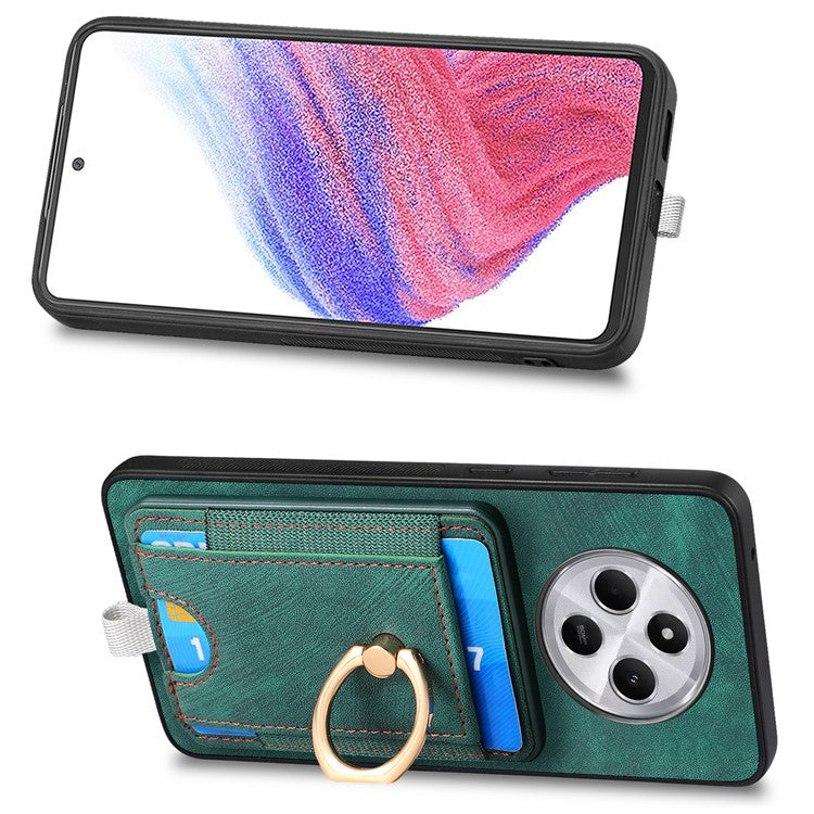 Magnetic Phone Case For Xiaomi Redmi 14C 4G / 14R 5G / Poco C75 4G PU Leather Back Cover with Card Holder Ring Kickstand - Green