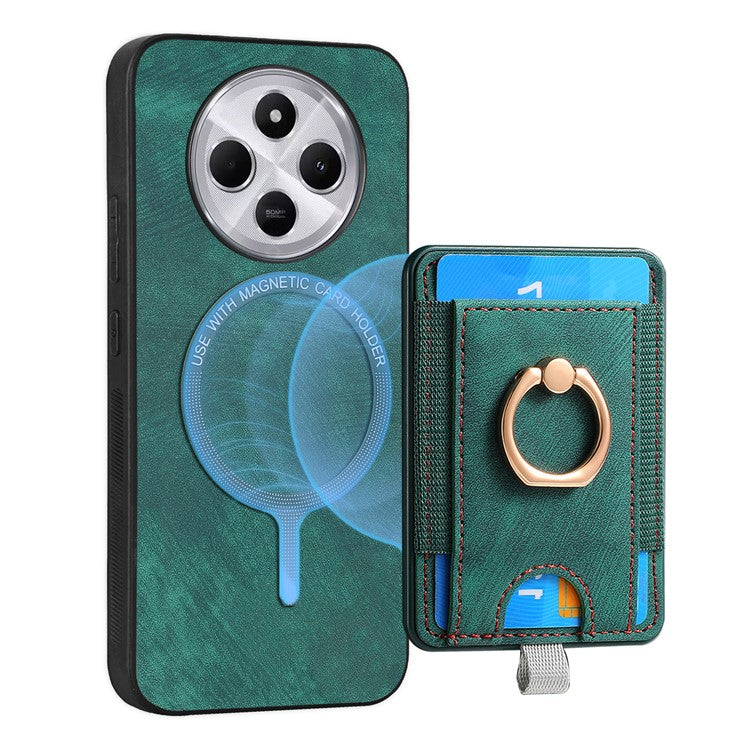 Magnetic Phone Case For Xiaomi Redmi 14C 4G / 14R 5G / Poco C75 4G PU Leather Back Cover with Card Holder Ring Kickstand - Green