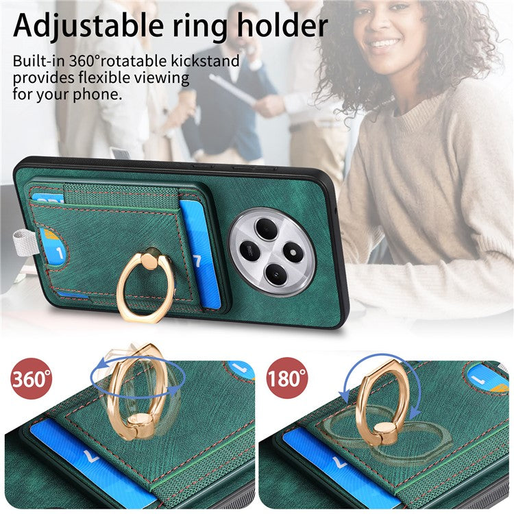 Magnetic Phone Case For Xiaomi Redmi 14C 4G / 14R 5G / Poco C75 4G PU Leather Back Cover with Card Holder Ring Kickstand - Green