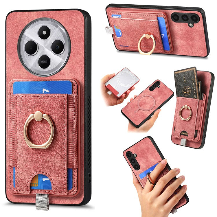 Magnetic Phone Case For Xiaomi Redmi 14C 4G / 14R 5G / Poco C75 4G PU Leather Back Cover with Card Holder Ring Kickstand - Pink