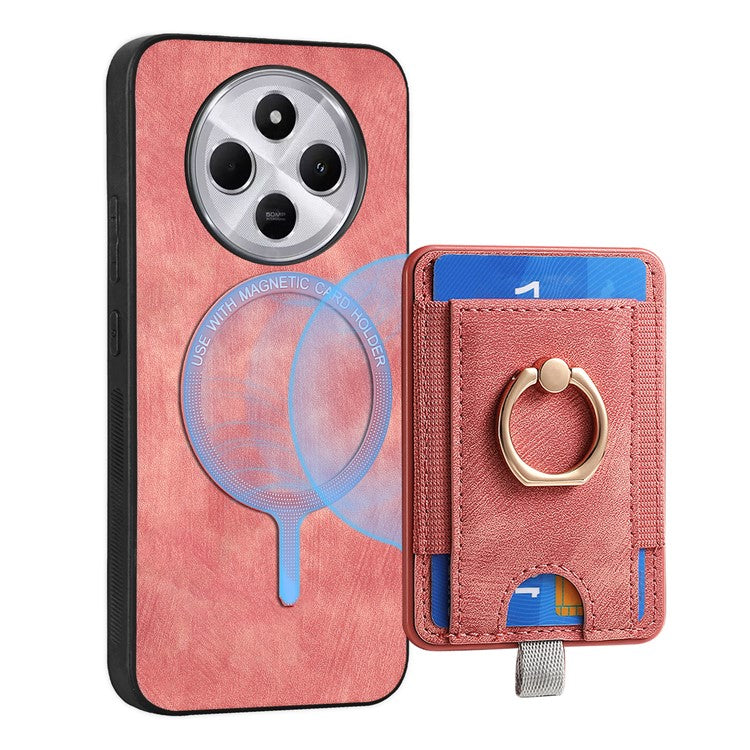 Magnetic Phone Case For Xiaomi Redmi 14C 4G / 14R 5G / Poco C75 4G PU Leather Back Cover with Card Holder Ring Kickstand - Pink