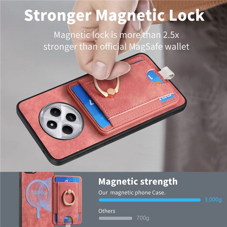 Magnetic Phone Case For Xiaomi Redmi 14C 4G / 14R 5G / Poco C75 4G PU Leather Back Cover with Card Holder Ring Kickstand - Pink