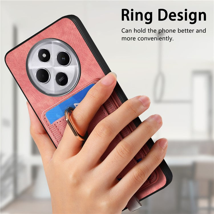 Magnetic Phone Case For Xiaomi Redmi 14C 4G / 14R 5G / Poco C75 4G PU Leather Back Cover with Card Holder Ring Kickstand - Pink