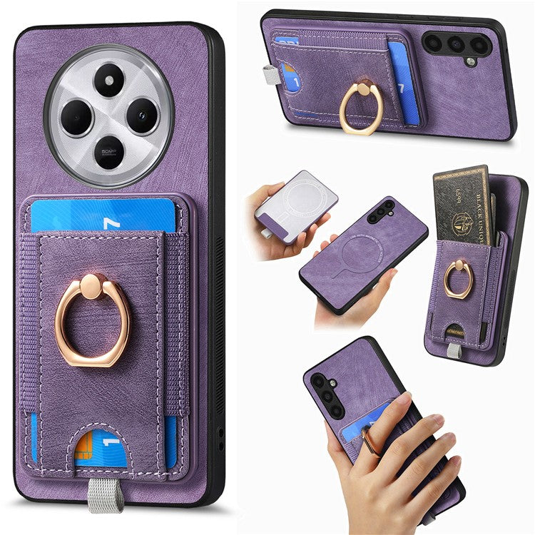 Magnetic Phone Case For Xiaomi Redmi 14C 4G / 14R 5G / Poco C75 4G PU Leather Back Cover with Card Holder Ring Kickstand - Purple